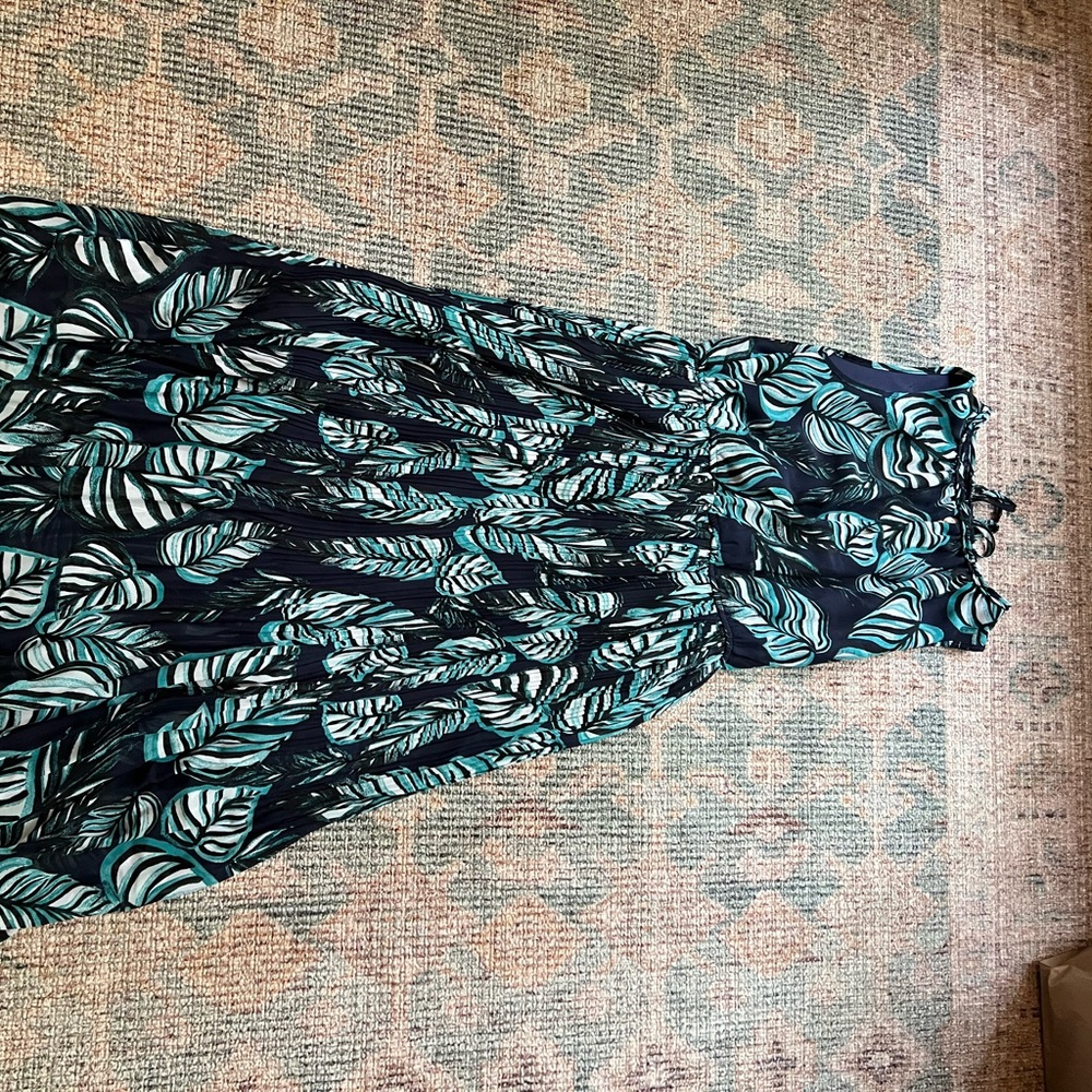 Maison Jules Black and Teal Leaf Print Dress
